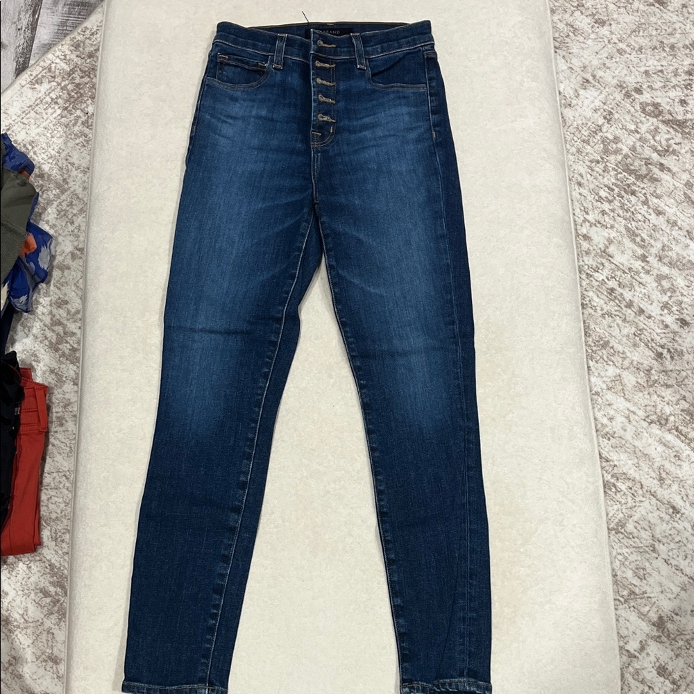 J Brand Dark Blue High-Rise Button-Fly Skinny Jeans